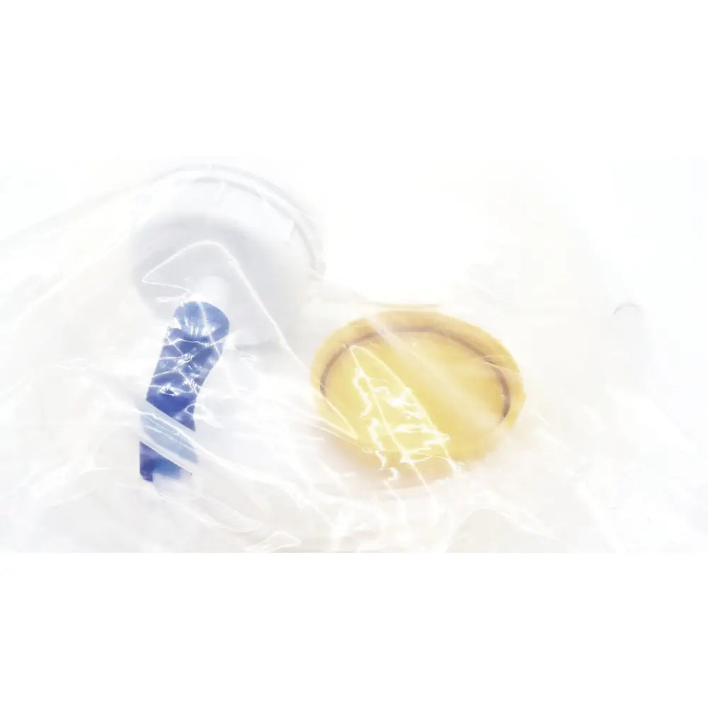 A translucent plastic bag containing a blue and yellow boston scientific m0068402980 stone catcher for lithoclast use