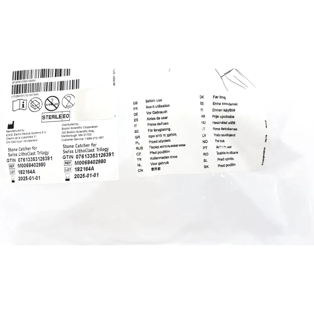 White paper label for boston scientific m0068402980 stone catcher for swiss lithoclast trilogy medical device