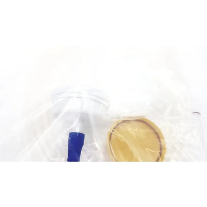 Clear plastic boston scientific m0068402980 stone catcher bottle with blue cap and yellow circular component for lithoclast use