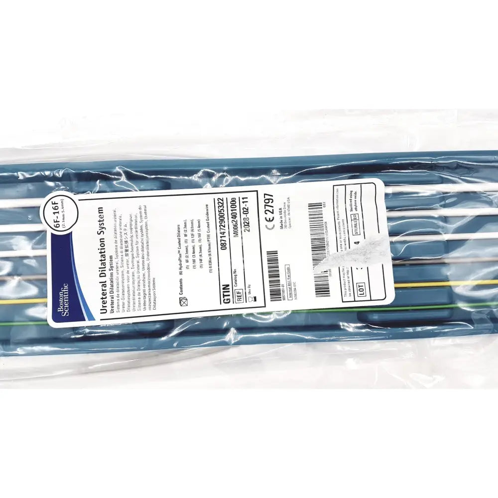 Blue plastic-wrapped boston scientific ureteral dilation system with white and black labeling for urological use