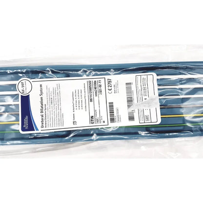Blue plastic-wrapped boston scientific ureteral dilation system with white and black labeling for urological use