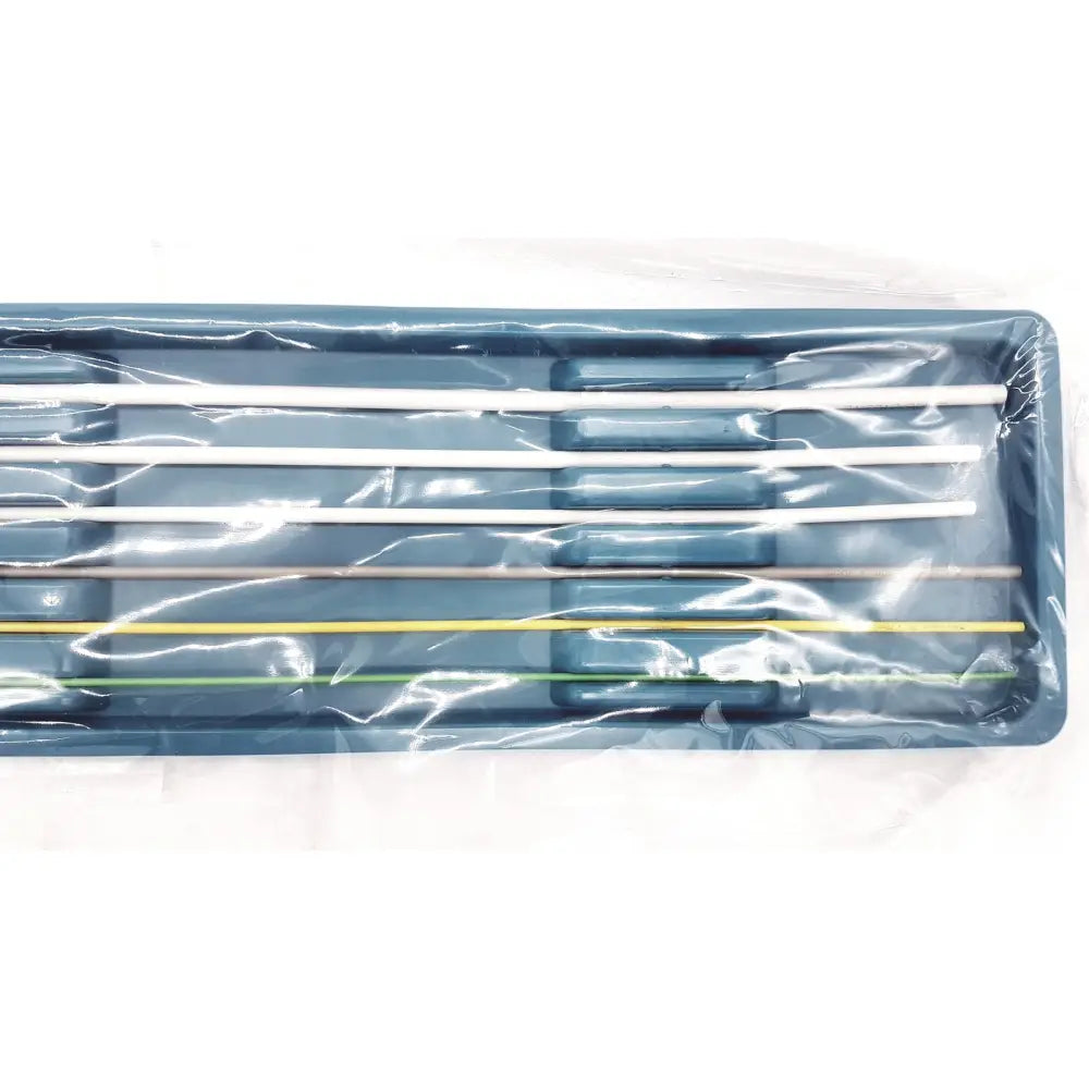 Set of five medical-grade catheter tubes in white, beige, yellow, and green in a sterile blue tray for boston scientific ureteral dilation system m0062401000