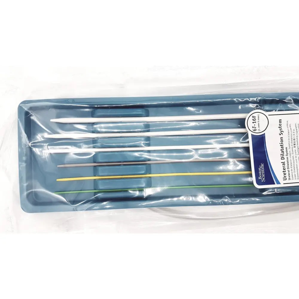 Boston Scientific ureteral dilation system medical-grade white and colored graduated rods in sterile blue tray for urological use