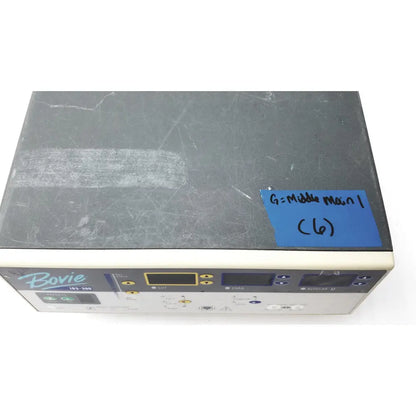 Gray scratched metal electrosurgical generator with white panel and bovie 185-200 logo in bovie ids-300 electrosurgical generator