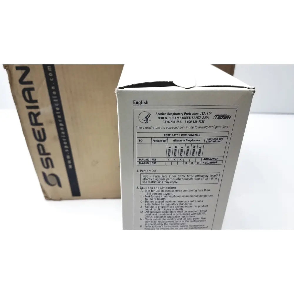 White cardboard box with black sperian respiratory protection usa n9510f flat fold respirators printed text and logo