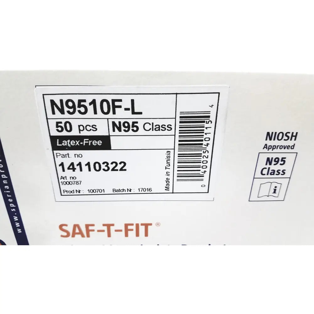 Box of Sperian n9510f flat fold N95 respirator filters labeled with part number 14110322 and NIOSH approval
