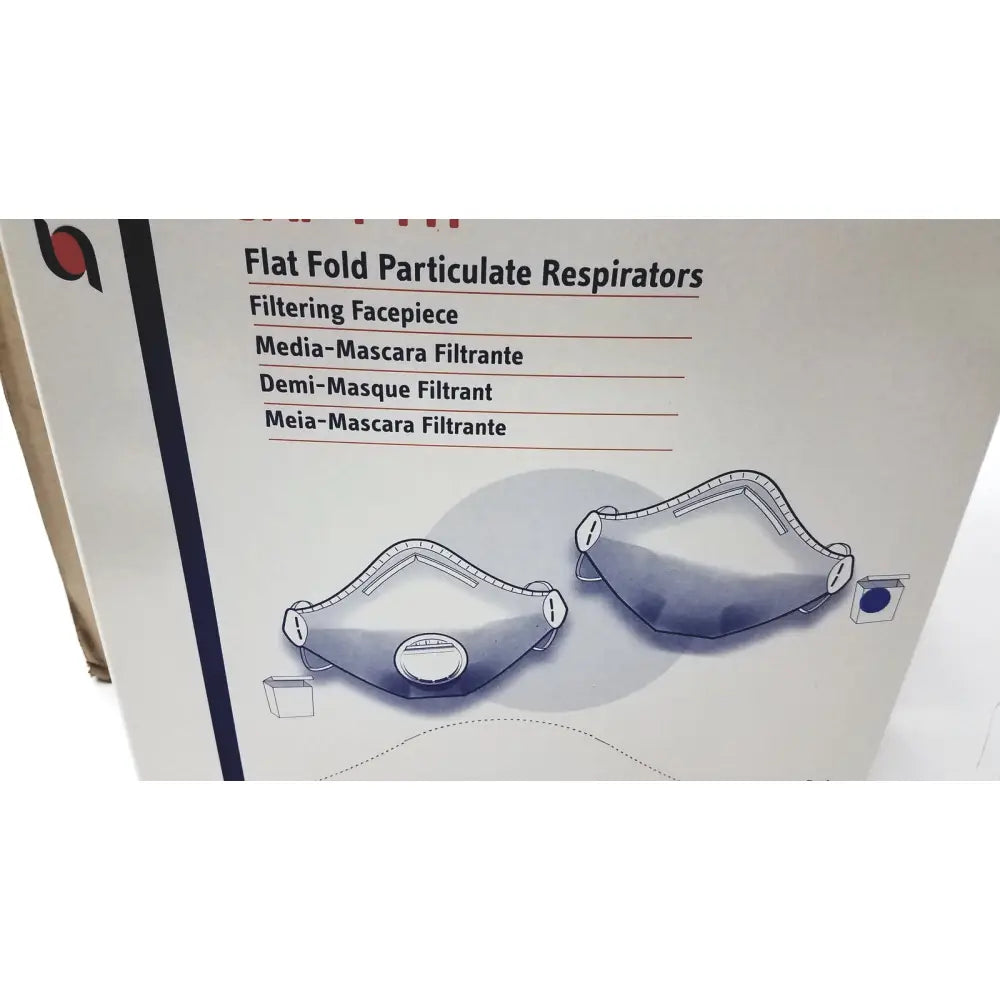 White cardboard box for n9510f flat fold particulate respirators with blue line drawings and multilingual labeling boxes sperian