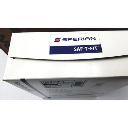 White cardboard box with blue and black sperian saf t fit label for n9510f flat fold respirators boxes sperian
