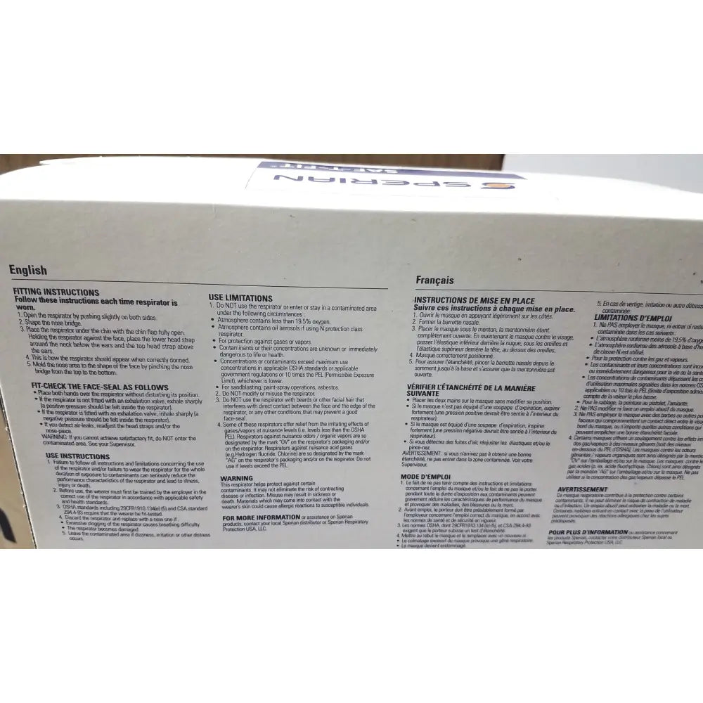 The back side of boxes sperian 14110322 n9510f flat fold respirators showing fitting and use instructions on white paper