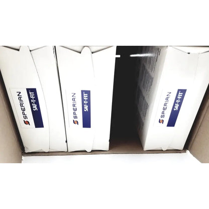 White cardboard boxes sperian saf-fit labeled for n9510f flat fold respirators with blue and orange logo