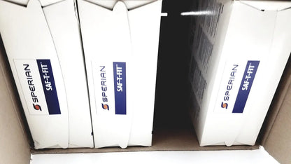 White cardboard boxes sperian saf-fit labeled for n9510f flat fold respirators with blue and orange logo