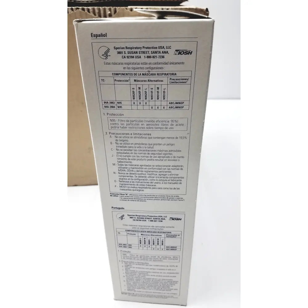 White cardboard box for n9510f flat fold respirators by niosh-certified sperian respiratory protection usa llc