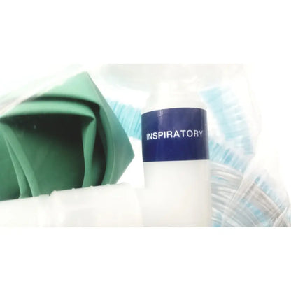 White cylindrical bottle with navy blue label reading inspiratory used in breathing bag coaxial breathing circuit product
