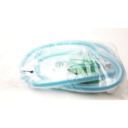 Light blue corrugated plastic hose wrapped in clear packaging for breathing bag coaxial breathing circuit use