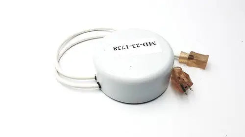 White cylindrical electronic device with two brown plastic connectors and coiled cable bridegeport magnetics tis1000-600watt-1120