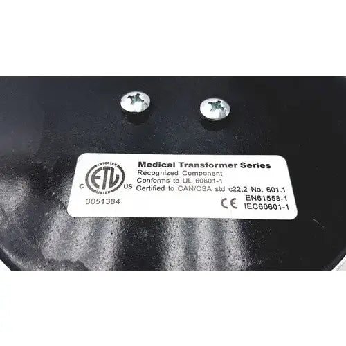 Black medical transformer bridegeport magnetics tortran tis1000-600watt-1120 with white label showing certification marks