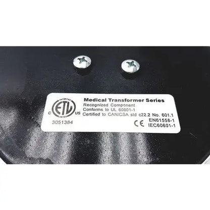 Black medical transformer bridegeport magnetics tortran tis1000-600watt-1120 with white label showing certification marks