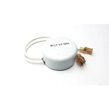 White cylindrical electronic device with two brown plastic connectors and coiled cable bridegeport magnetics tis1000-600watt-1120
