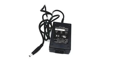 Black plastic ac adapter with coiled power cord and cylindrical connector for bridgepower corp bpm050s12f02 medical use