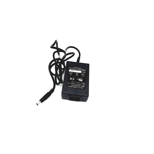 Black plastic ac adapter with coiled power cord and cylindrical connector for bridgepower corp bpm050s12f02 medical use
