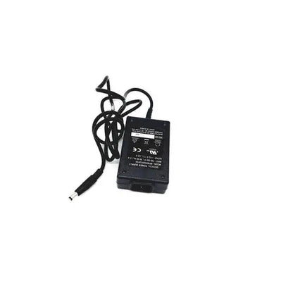 Black plastic ac adapter with coiled power cord and cylindrical connector for bridgepower corp bpm050s12f02 medical use