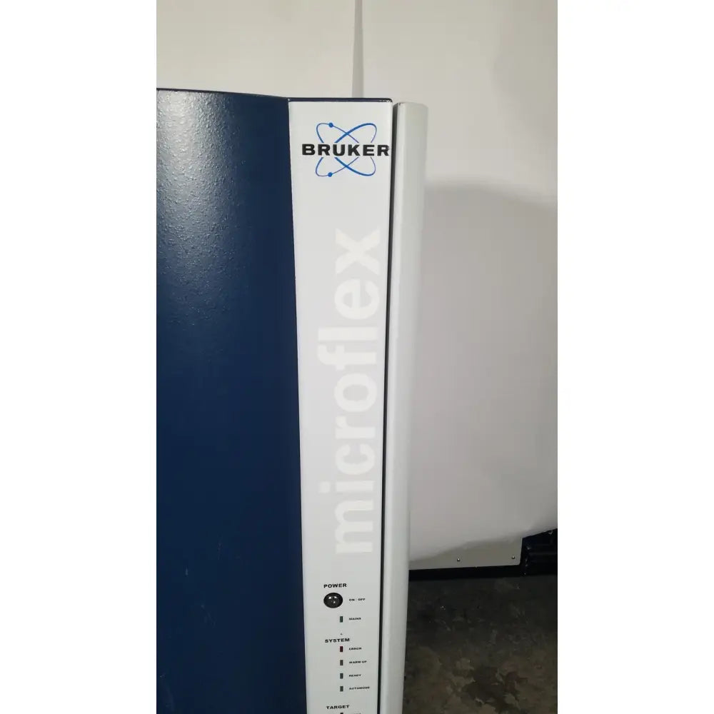 Blue and white bruker microflex lt sh mass spectrometer instrument box with control panel labels for reuse medical purposes