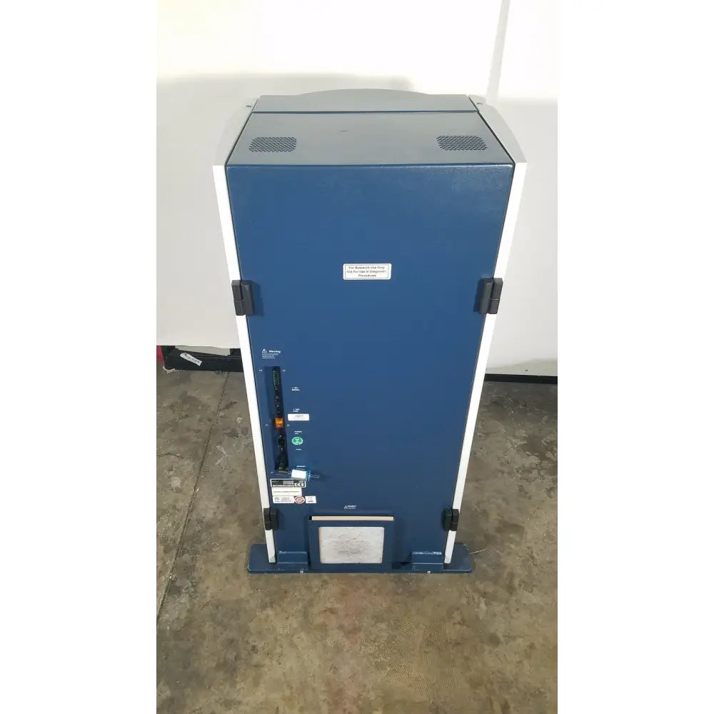 Blue industrial bruker microflex lt sh mass spectrometer server rack with white trim and black latches for reuse medical use