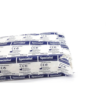 A white and blue fast-setting plaster splint packaged by bsn medical specialist plaster bandage