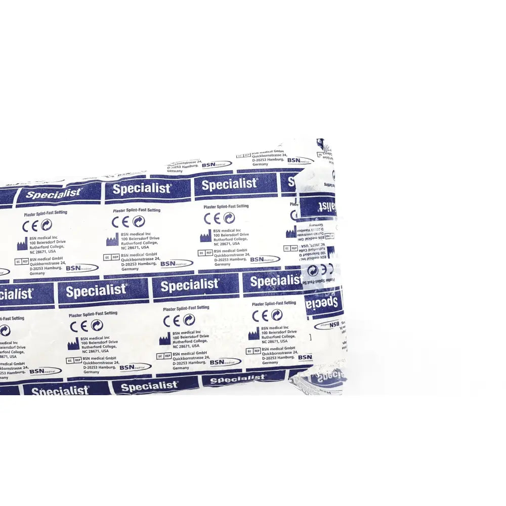 A roll of white and blue bsn medical specialist fast-setting plaster bandage with repeating specialist logos