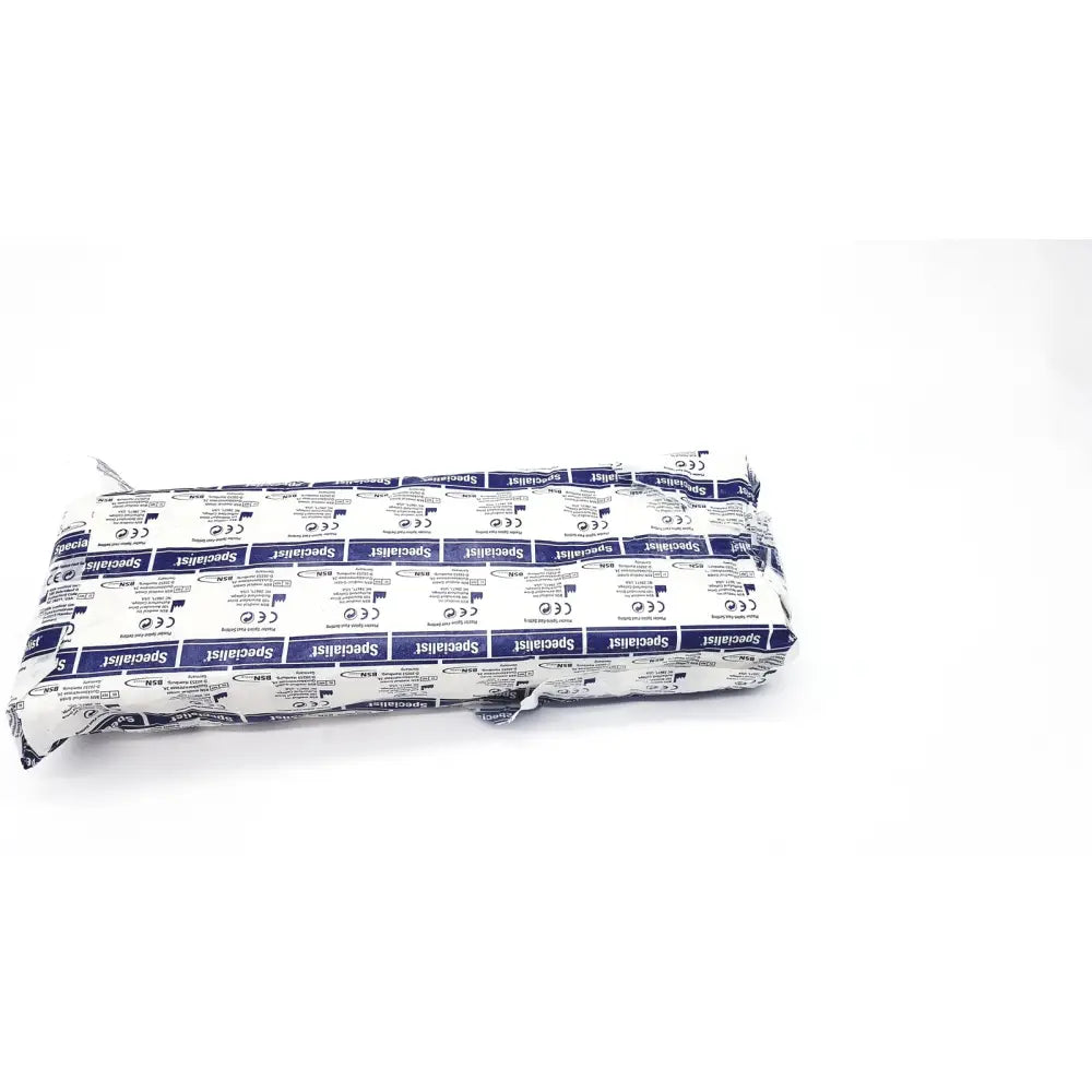 A white and blue patterned bsn medical specialist plaster bandage fast setting package with ce markings wrapped around a rectangular object