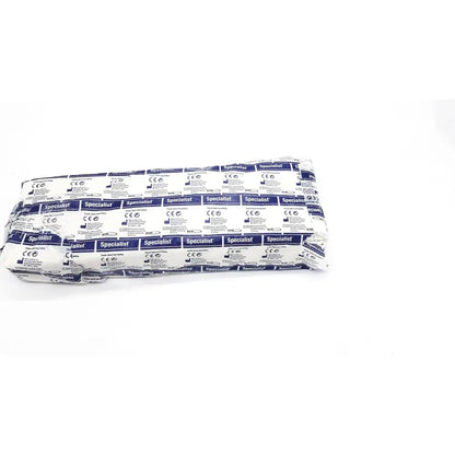 A roll of white and blue patterned bsn medical specialist plaster bandage fast setting in branded packaging