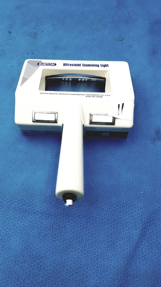 White burton ultraviolet examining light with rectangular head, black control buttons, and clear viewing window for precise use