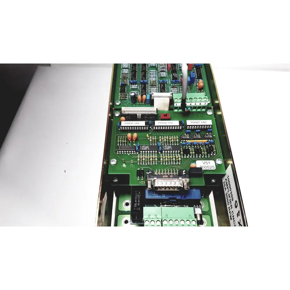 Green circuit board with electronic components and labeled connectors for bystronic amplifier cno2 25a 3000 rpm
