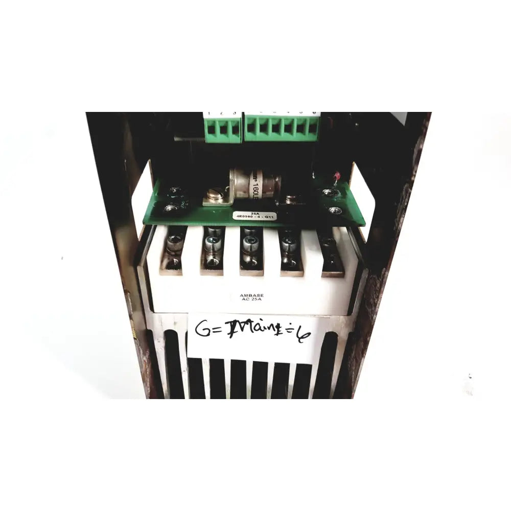 Black metal electrical enclosure housing a green circuit board with silver terminals and white blocks in amplifier cno2 25a