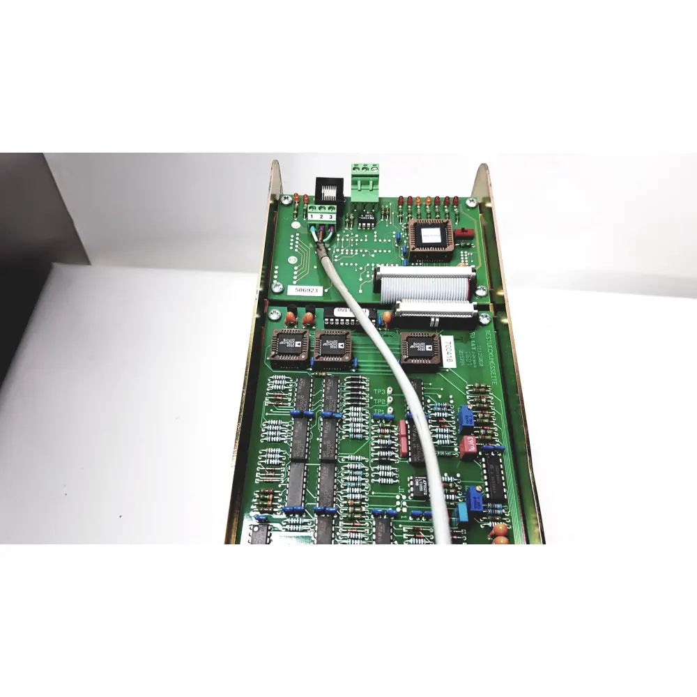 Green printed circuit board with white cable connected for bystronic amplifier cno2 25a 3000 rpm model