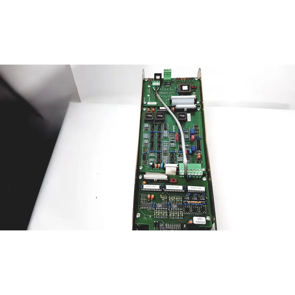 Green printed circuit board of bystronic amplifier cno2 25a with electronic components and gray cable for 3000 rpm use