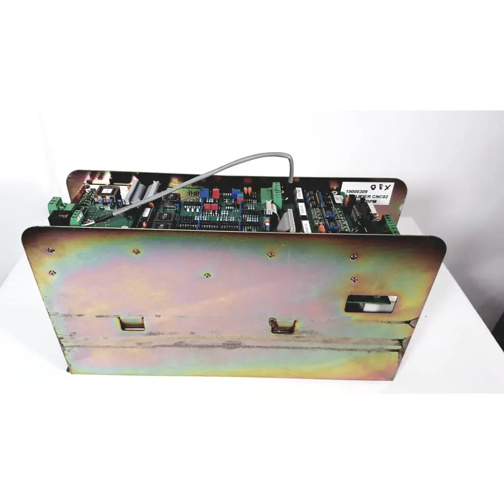 Industrial-grade metal enclosure housing a green circuit board with electronic components in bystronic amplifier cno2 25a