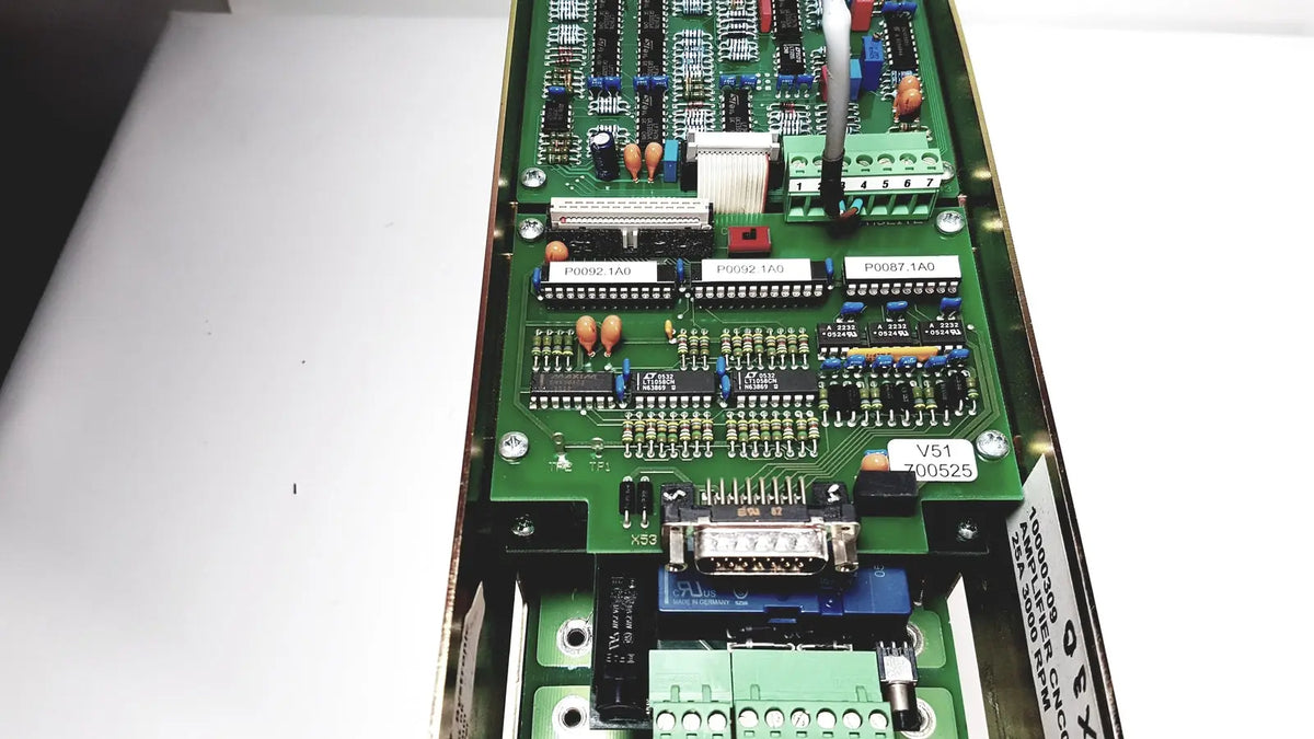 Green circuit board with electronic components and labeled connectors for bystronic amplifier cno2 25a 3000 rpm