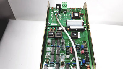 Green printed circuit board with white cable connected for bystronic amplifier cno2 25a 3000 rpm model