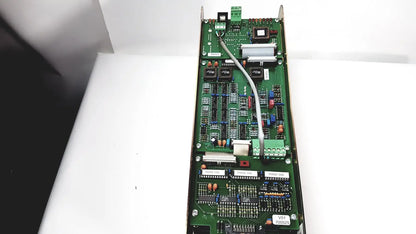 Green printed circuit board of bystronic amplifier cno2 25a with electronic components and gray cable for 3000 rpm use