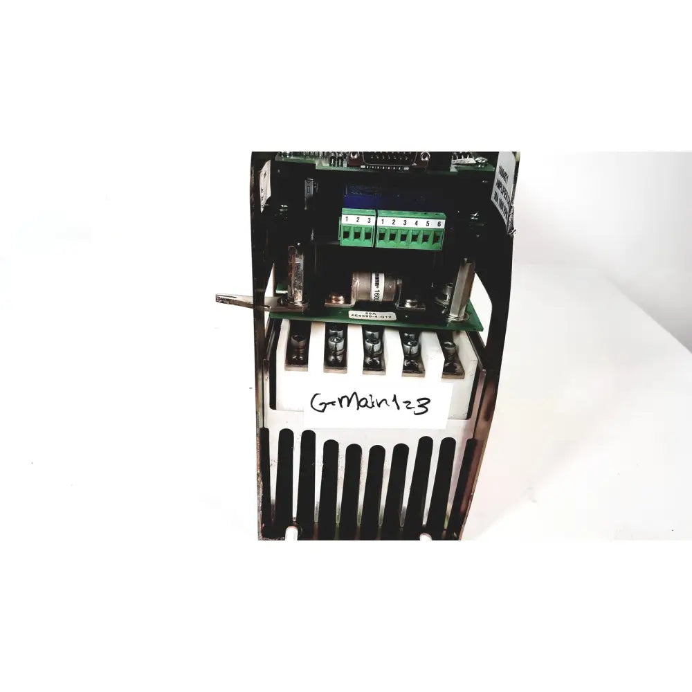 Black Bystronic amplifier cnco2 50a with green terminal blocks and white gmain123 label for reuse medical applications