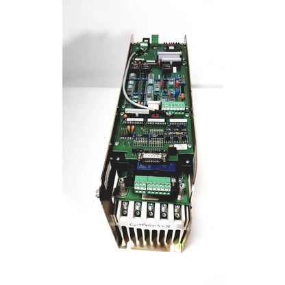 Green circuit board with electronic components in black metal casing of bystronic amplifier cnco2 50a 1000 rpm