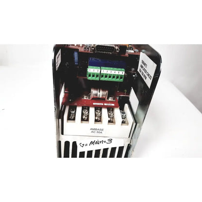 Black industrial amplifier cnc02 50a with green terminal blocks and red circuit board internals bystronic 1004872