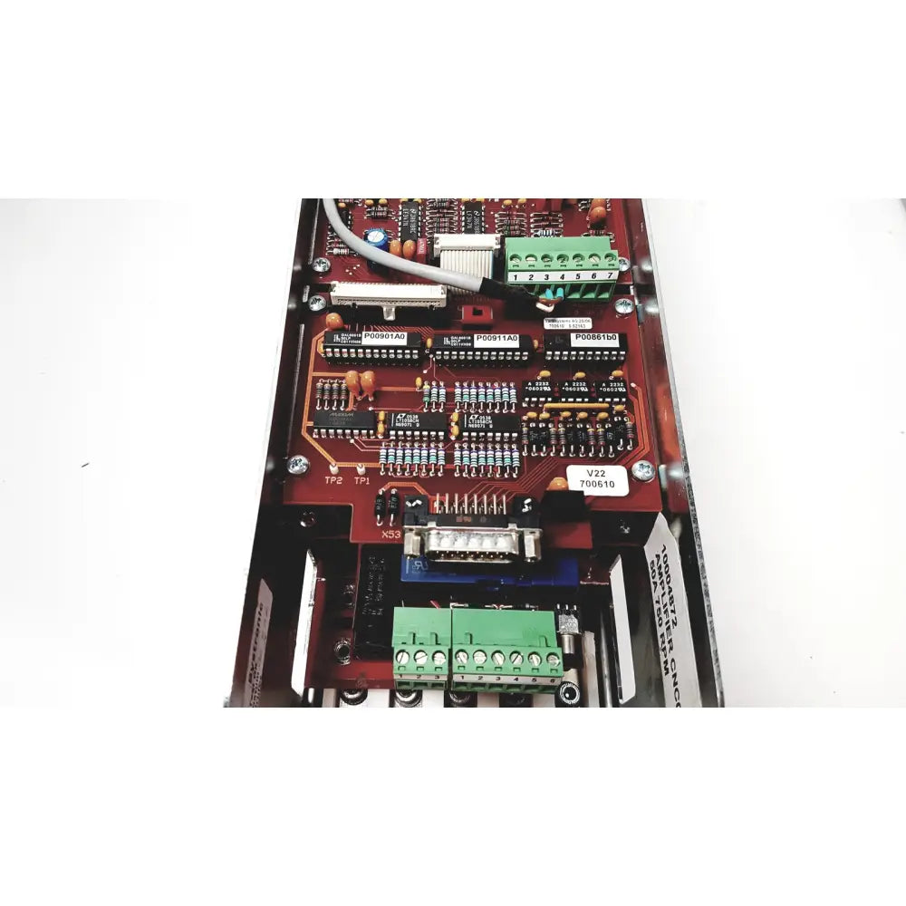 Red circuit board with green terminal blocks and black integrated circuits for bystronic amplifier cnc02 50a model