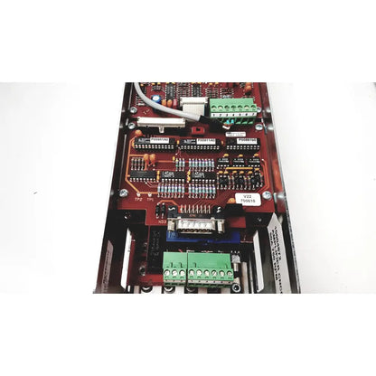 Red circuit board with green terminal blocks and black integrated circuits for bystronic amplifier cnc02 50a model