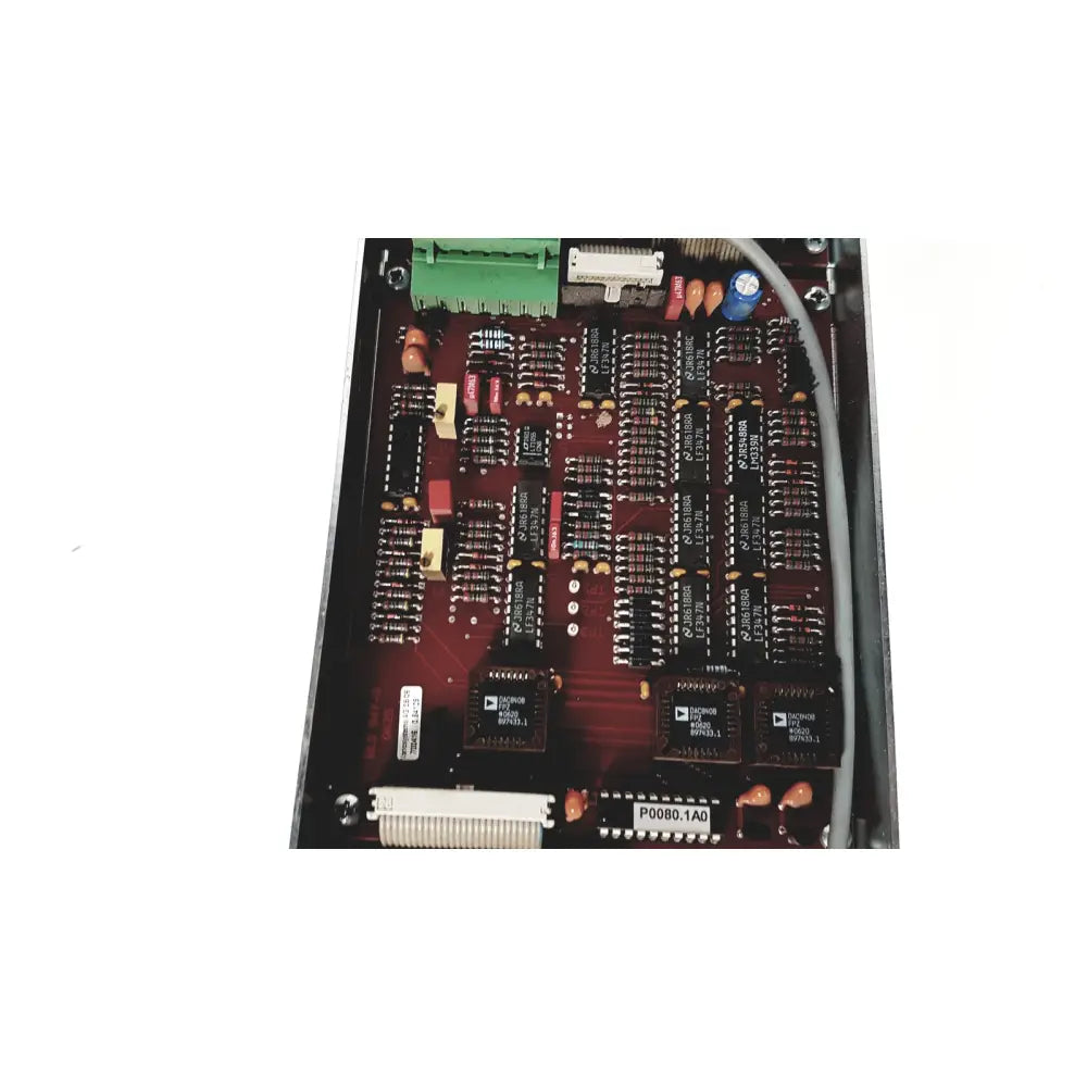Red printed circuit board with black integrated circuits and capacitors for bystronic amplifier cnc02 50a 750 rpm