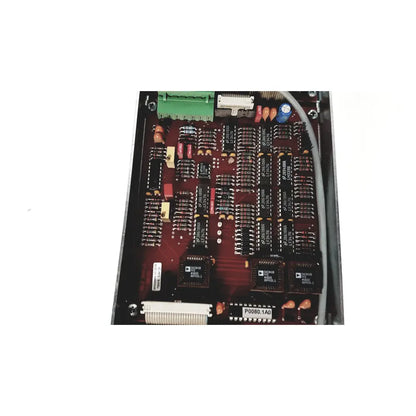 Red printed circuit board with black integrated circuits and capacitors for bystronic amplifier cnc02 50a 750 rpm