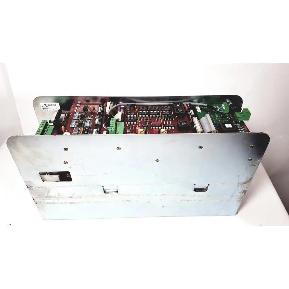 Silver metallic industrial control panel with circuit boards and green connectors for bystronic amplifier cnc02 50a