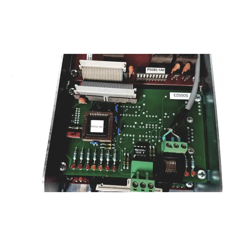 Green printed circuit board of bystronic amplifier cnc02 50a with central chip resistors capacitors and connectors