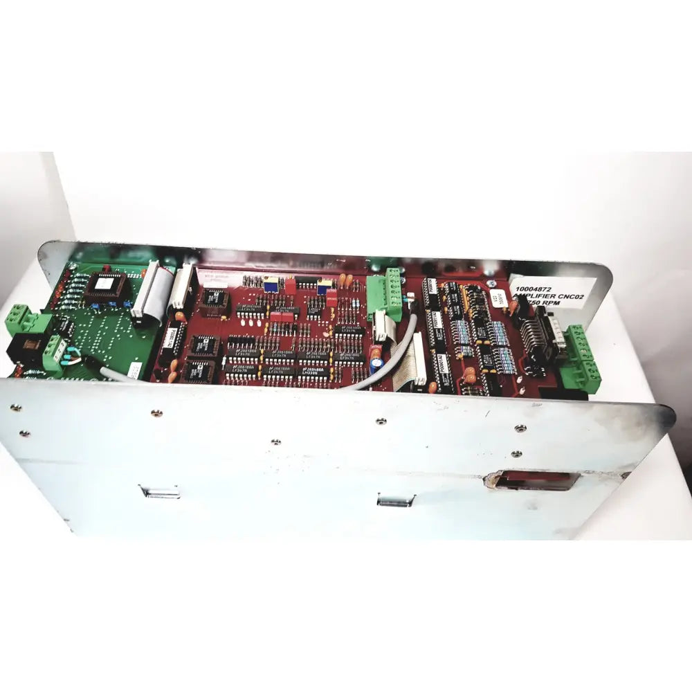 Red and green circuit board assembly housing the bystronic amplifier cnc02 50a in a white metal enclosure